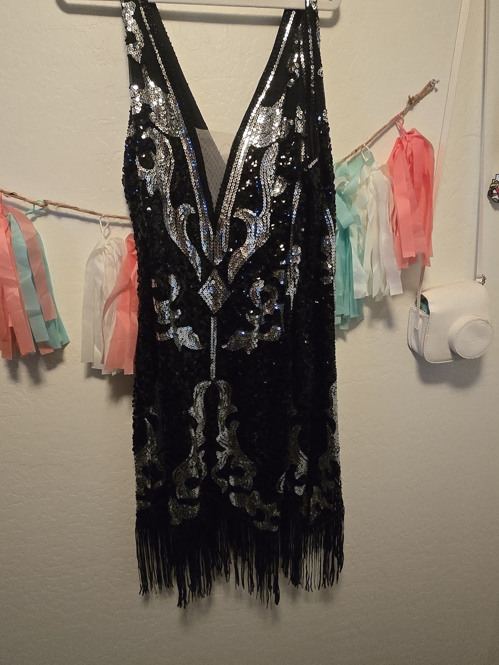 Black Sequin Fringe V-Neck Evening Dress
